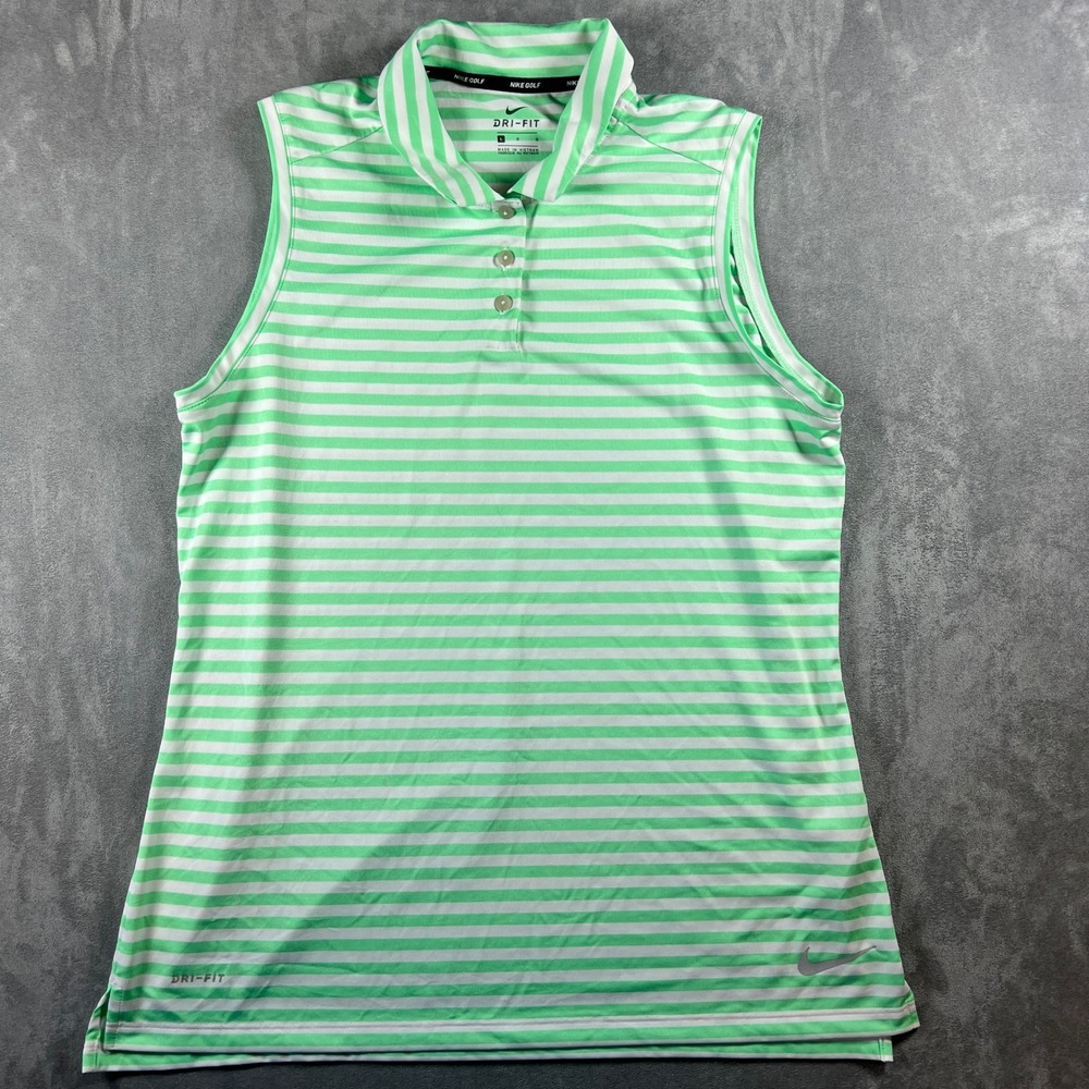 Nike Golf Dri-FIT Polo Shirt Sleeveless Womens L Green White Striped Performance